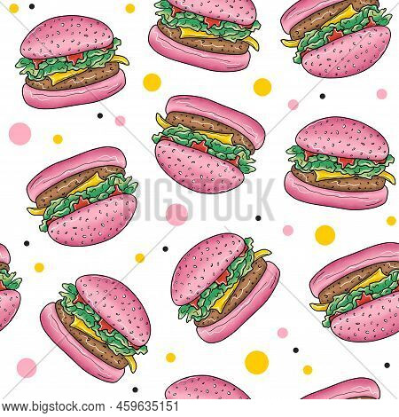 Seamless Pattern With Pink Vegen Hamburger And Dots On A White Background. Texture For Fabric, Packa