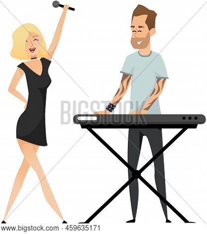 Pianist Character Musician In Casual Clothes Plays Musical Composition On Keyboard On Stage. Talente