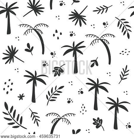 Tropical Seamless Pattern With Black Palm Trees And Foliage On A White Background. Ideal For Fabric,