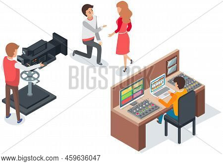 Process Of Filming, Working On Making Film In Studio. People Work With Equipment On Set. Shooting Ro