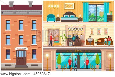 Set Of Luxury Hotel Daily Life Scenes. Deluxe Entrance, Reception, Comfortable Bedroom, Living Room.