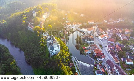 Rozmberk Castle Above Vltava River, Rozmberk Nad Vltavou, Czech Republic . Aerial View From Drone.