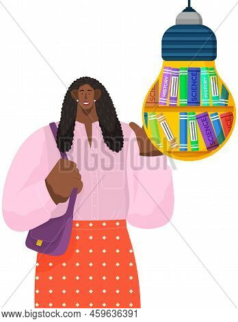 Bookshelves With Books In Abstract Lightbulb. Online Digital Library. Dark Skinned Woman Stands Next