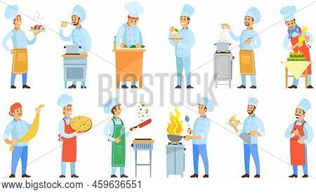 People Preparing Dish, Meal. Chefs Work With Kitchen Equipment To Prepare Food. Male Characters Fry 