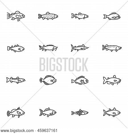 Commercial Fish Line Icons Set. Linear Style Symbols Collection, Outline Signs Pack. Seafood Fish Ve