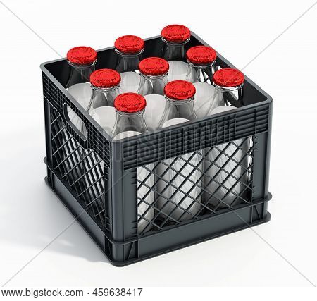 Milk Bottles Inside Plastic Crate. 3d Illustration.