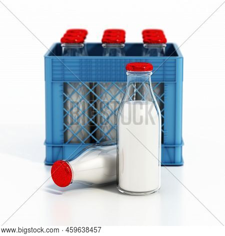 Milk Bottles Inside Plastic Crate. 3d Illustration.