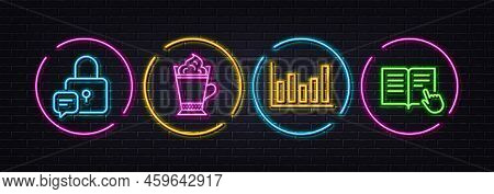 Latte Coffee, Lock And Column Chart Minimal Line Icons. Neon Laser 3d Lights. Read Instruction Icons