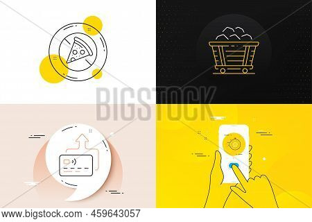Minimal Set Of Card, Coal Trolley And Timer Line Icons. Phone Screen, Quote Banners. Prohibit Food I