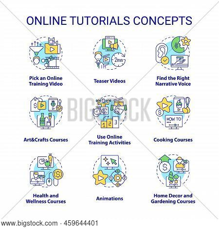 Online Tutorials Concept Icons Set. Distant Learning. Virtual Education Idea Thin Line Color Illustr