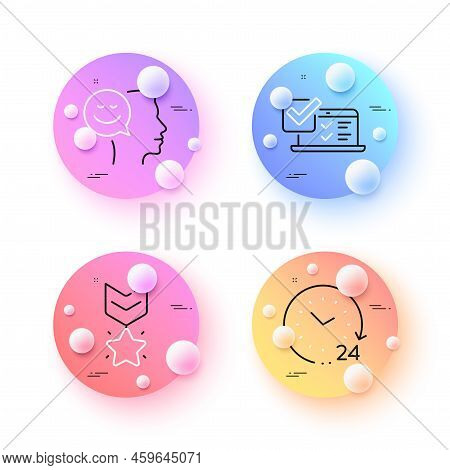 Online Survey, Winner Medal And 24 Hours Minimal Line Icons. 3d Spheres Or Balls Buttons. Good Mood 
