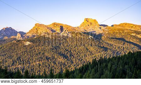 Dolomites Panoramic View At Morning Sunrise Time. Ra Gusela, Averau And Nuvolau Peaks. Italy