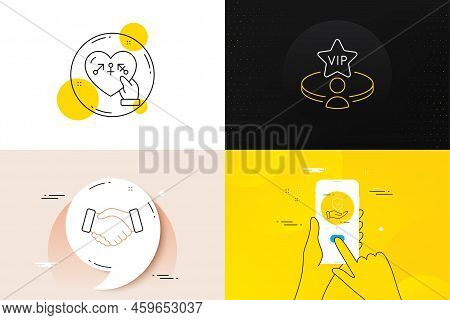 Minimal Set Of Vip Table, Handshake And Genders Line Icons. Phone Screen, Quote Banners. Insurance H