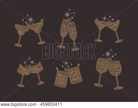 Cocktail Glasses Cheers For Prosecco, Wine, Whiskey, Vermouth, Gin, Martini, Aperol, Margarita In Mo