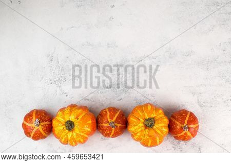 Thanskgiving Flat Lay With Yellow And Orange Pumpkins On Bottom Border Against White Background.copy