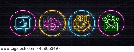 360 Degrees, Cloud Computing And Like Minimal Line Icons. Neon Laser 3d Lights. Love Mail Icons. For