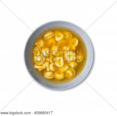 Cappelletti Or Tortellini Brodo Soup In A Bowl Isolated Over White Background.