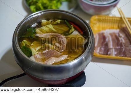 Thai Hot Pot Recipe Thai Called Jim-jum. Thai Traditional Spicy Shabu Shabu, Dipping Meat In Boiled 