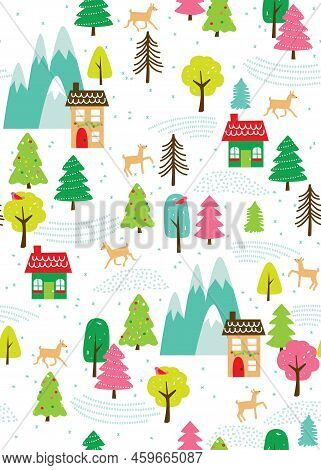 Snowy Holiday Village Seamless Vector Surface Design Pattern