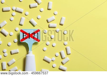 Titanium Dioxide, E171, Dangerous Additive Concept. Gum, Pills, Toothpaste Or Cream And Sign With E1