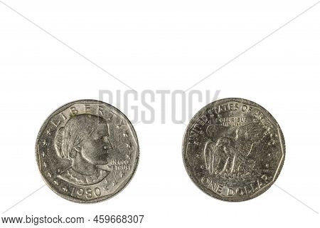 Close Up View Of Front And Back Side Of One Usa Dollar Silver Coin Dated 1980. Numismatic Concept.
