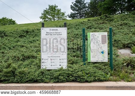 Denver, Colorado, May 28, 2022. Signs To The Denver Downtown Trail System Including The Cherry Creek