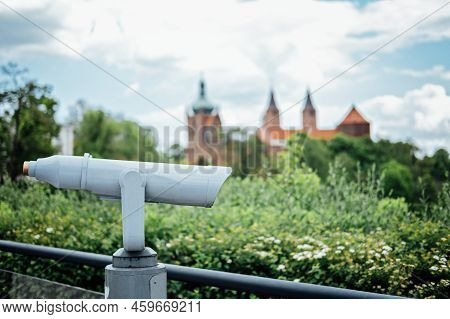 Travel, Sightseeing. Grey Binoculars, Telescope In The City View, Binoscope In The Viewpoint