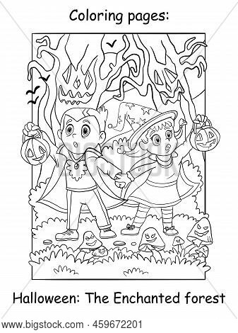 Coloring Halloween Children In An Enchanted Forest Vector Illustration