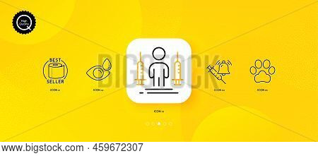 Toilet Paper, Dog Paw And Coronavirus Injections Minimal Line Icons. Yellow Abstract Background. Vac
