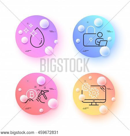 Water Drop, Settings And Lock Minimal Line Icons. 3d Spheres Or Balls Buttons. Bitcoin Mining Icons.