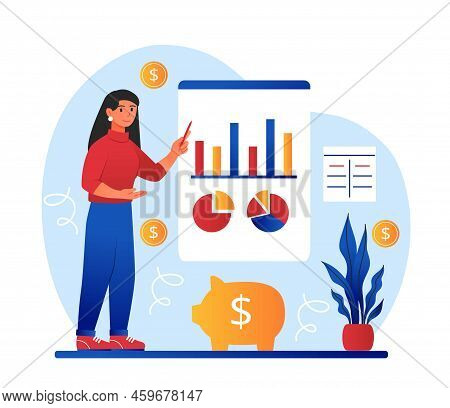 Manage Money Concept. Woman With Charts Evaluates Expenses And Income. Formation Of Budget And Calcu