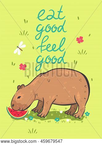 Postcard With A Cute Capybara And An Inscription. Vector Image.