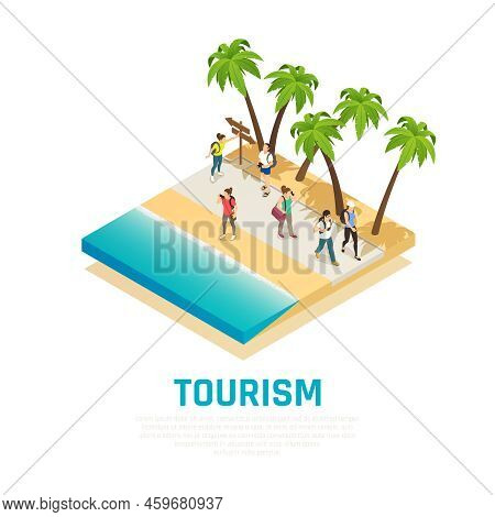 People With Back Packs During Travel Along Sea Shore With Palm Trees Isometric Composition Vector Il