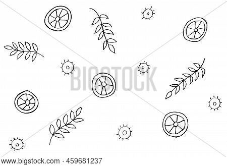 On A White Background , Leaves , Circles, Wheels Are Black