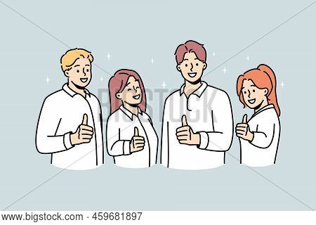 Smiling People Showing Thumbs Up Give Recommendation To Service. Happy Team Recommend Good Quality C
