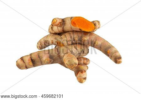 Turmeric Herb Contains Bioactive Compounds Isolated Over White Background.