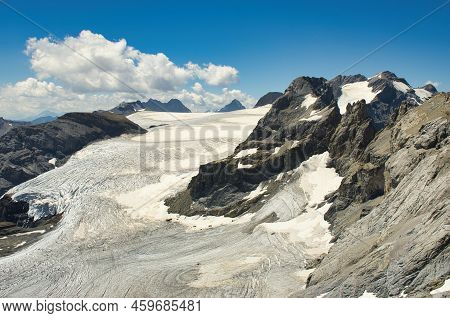 View From The Gemsfairenstock Above The Big Glaciers. Wonderful View Of The Swiss Mountains. Wanderl