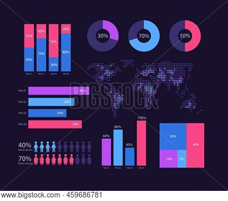International Business Analytics Infographic Chart Design Template Set For Dark Theme. Visual Data P