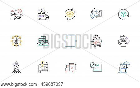 Lift, Ferris Wheel And Return Parcel Line Icons For Website, Printing. Collection Of Inventory, Card