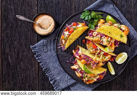 Bang Bang Shrimp Tacos With Purple Coleslaw, Tomatoes, Parsley, Lime And Mayonnaise Hot Chili Sauce 