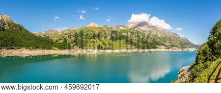 Panoramic View At The Chevril Lake Near Val D Isere In Savoie Alps Of France