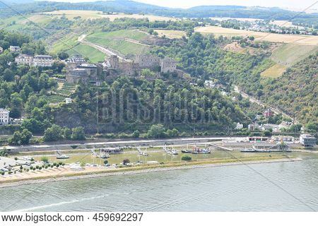 Sankt Goar, Germany - 08 04 2022: Castle Ruin Rheinfels Above The Northern Part Of Sankt Goar