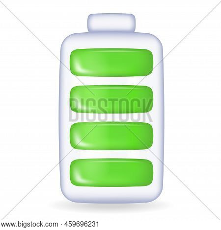 Vector battery, full green charge. Glass 3d battery illustration on white background