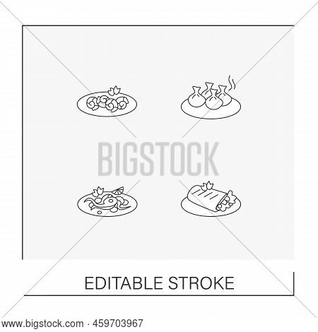 National Dishes Line Icons Set. Shawarma, Polvo, Khinkali, Escargot.traditional Cuisine Recipes And 