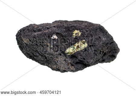 Scoria Volcanic Igneous Rock With Olivine/peridot Gemstone Crystal On White Background