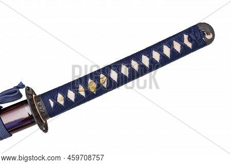 Tsuka : Handle Of Japanese Sword Wrapped By Navy Silk Cord On White Ray Skin Isolated In White Backg