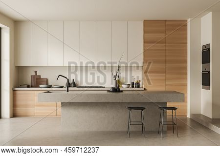Front View On Bright Kitchen Room Interior With Island, Barstools, Cupboard, White Wall, Oven, Concr