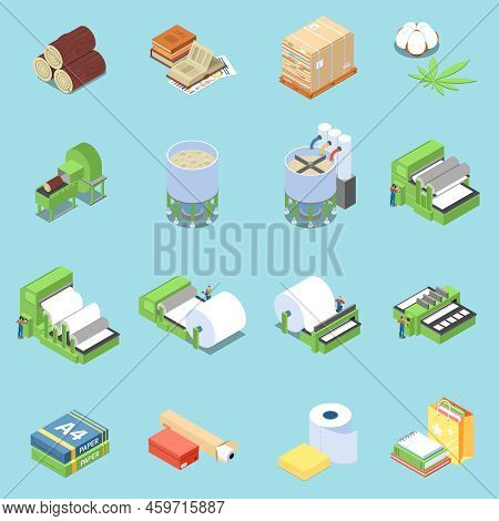 Paper Production Icons Set With Printing Symbols Isometric Isolated Vector Illustration