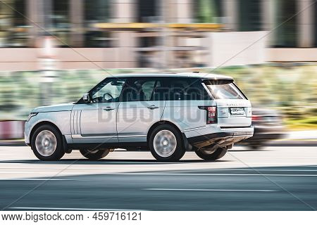 Moscow, Russia - August 2022: Range Rover L405 Car Moving On The Street On High Speed. Fast Moving P