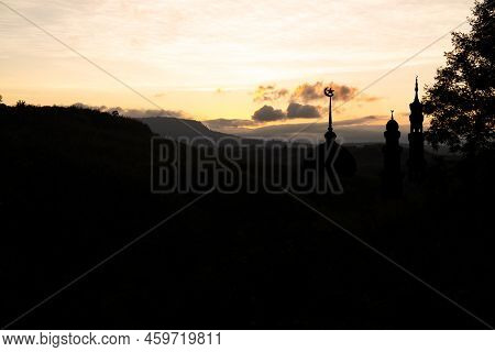 Mosques Dome On Night Twilight Sky Dark Gold Background.silhouette Architecture Minaret Islam Muslim